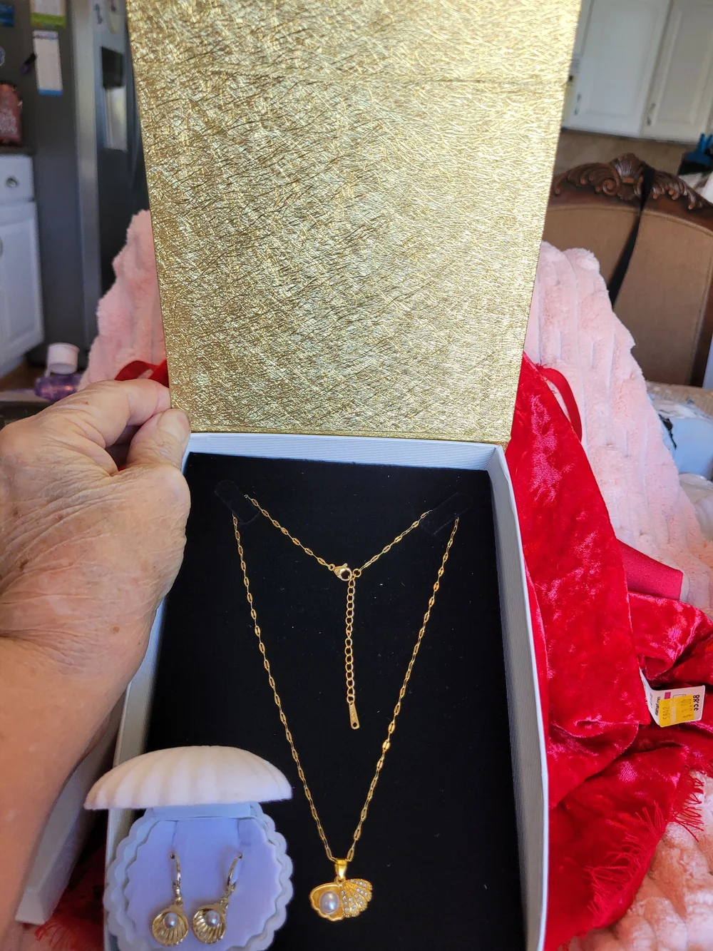 Gold Shell Pendant Necklace  Pale Pink Pearl and Crystal Accents And Earrings